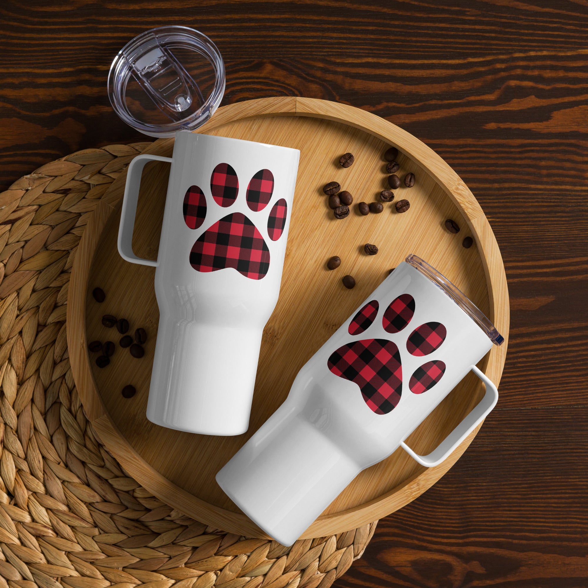 Gingham Paw Print 25oz Handle Tumbler Travel Mug、mySite、camillekostekn