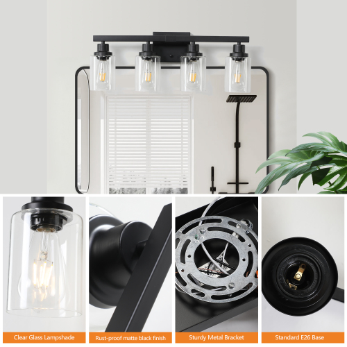 (Same as W1340P197620/L001010-B4) 24" Modern Black 4-Light Bathroom Vanity Light Fixture, Industrial Wall Sconce with Clear Glass Shades for Mirror, Bathroom, Bedroom, and Hallway (No Bulbs)、、eastwooduniform