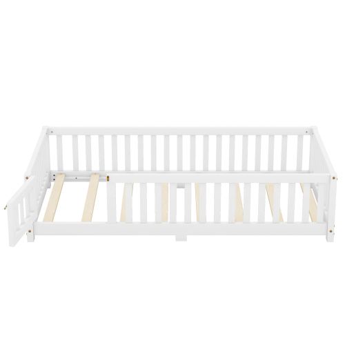 Twin Size Bed Floor Bed with Safety Guardrails and Door for Kids, Natural(Old SKU: W158090686)、、casual