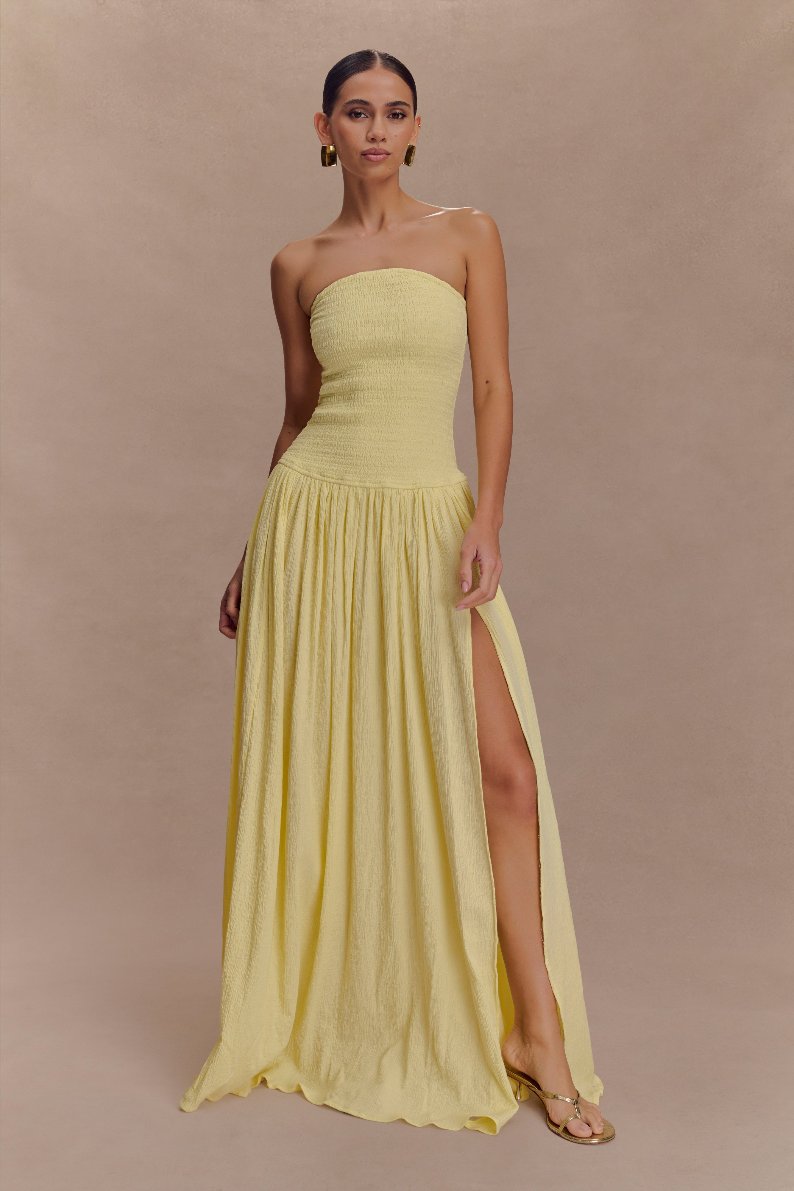 Maureen Cotton Shirring Maxi Dress - Lemon、mySite、solidvoid