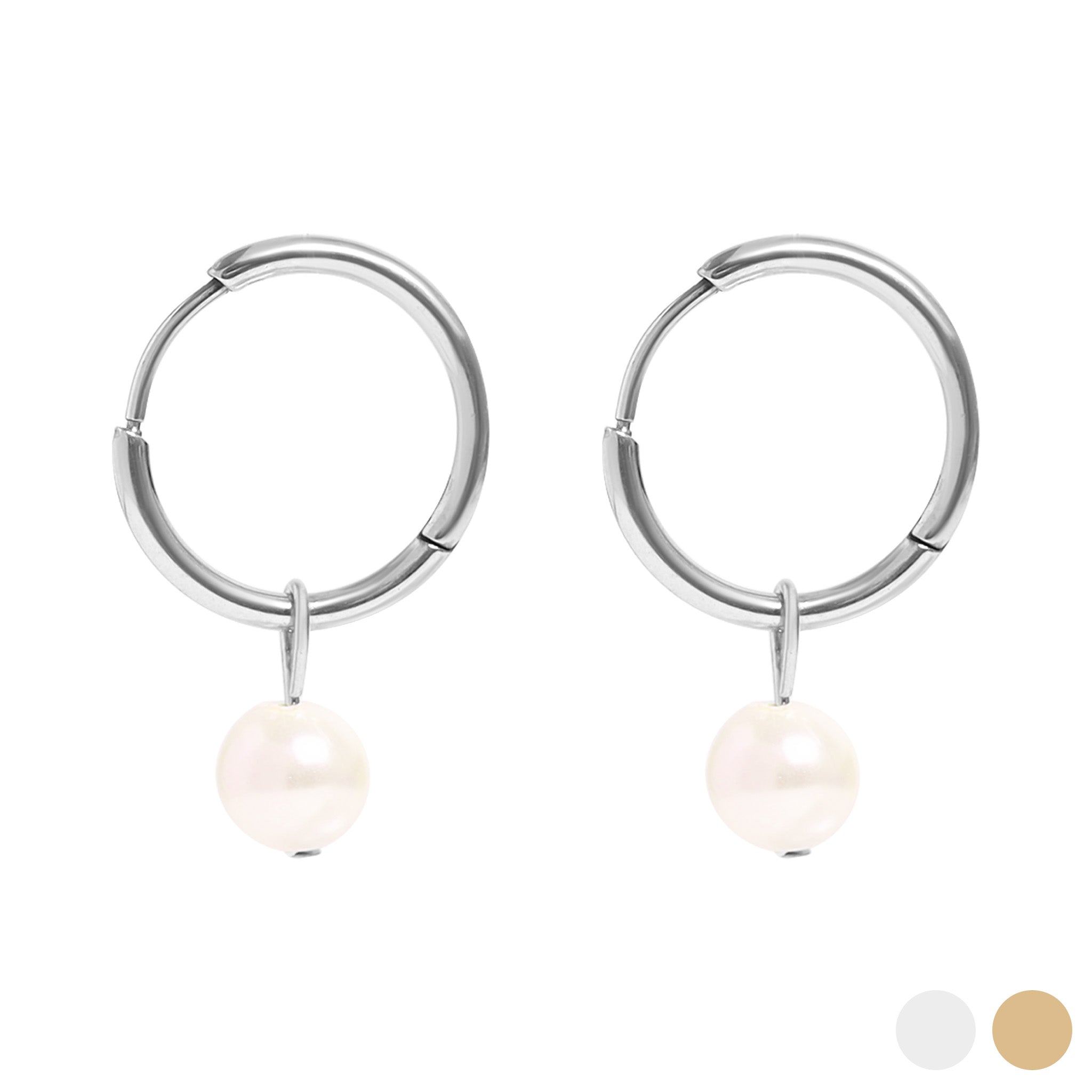 18K Gold PVD Stainless Steel Pearl Charm Huggie Hoop Earrings / ERJ0027、mySite、dreamappss