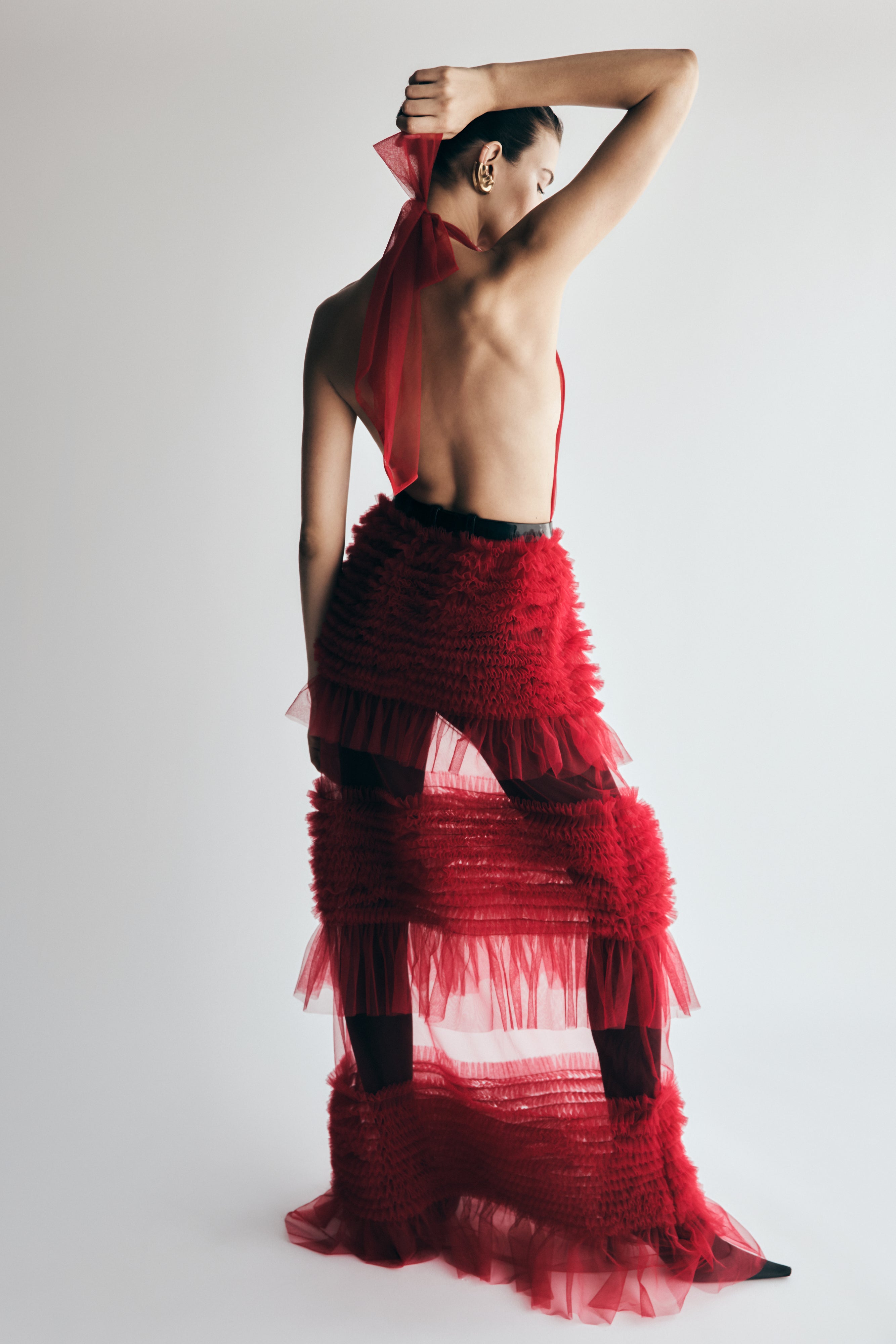 Minka Mesh Ruffle Halter Maxi Dress - Red、mySite、solidvoid