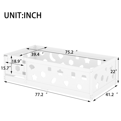 Twin Size Floor Bed with Heightened Safety Guardrails and Door, Solid Wood Bedframe with Rails for Girls, Boys, Teens, Child Bedroom, Kids Playroom, No Slats Included, White、、casual