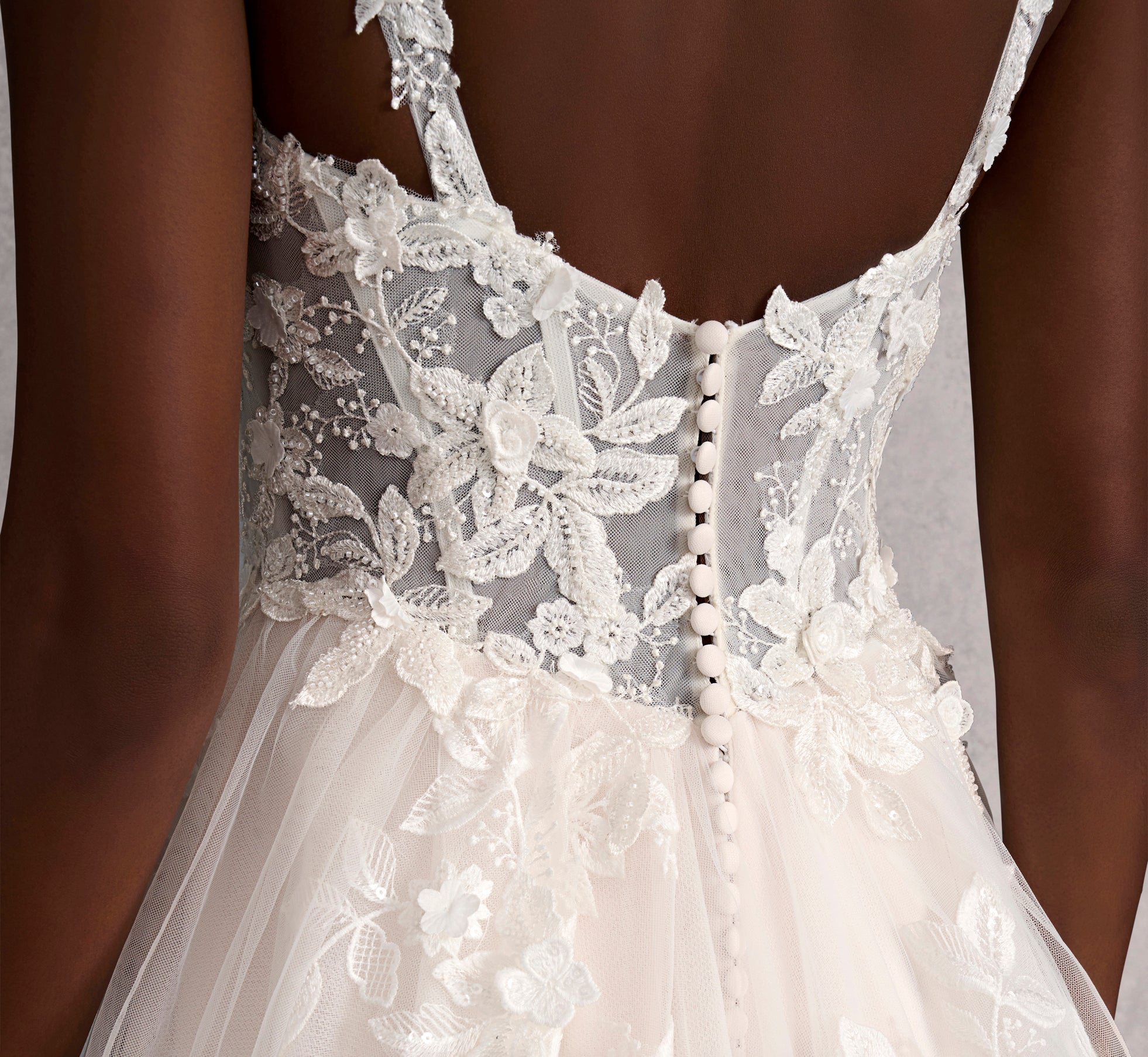 Hand Beaded 3D Floral Lace And Tulle A-Line Gown In Ivory Almond Nude、mySite、solidvoid