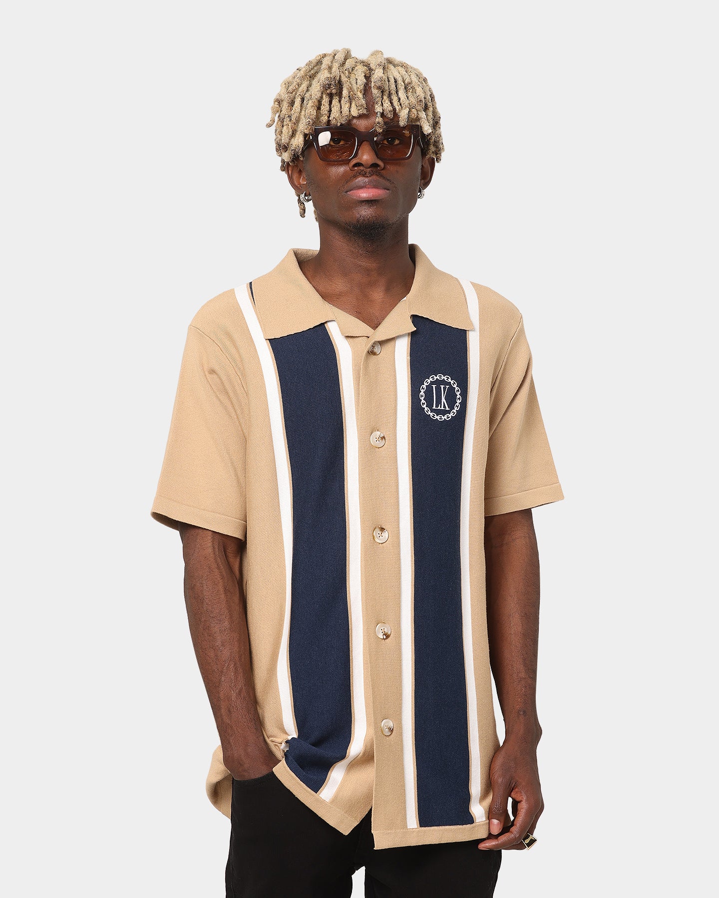 Last Kings Chain Stripe Knit Button Up Sand/Navy、mySite、zt4zffjzw