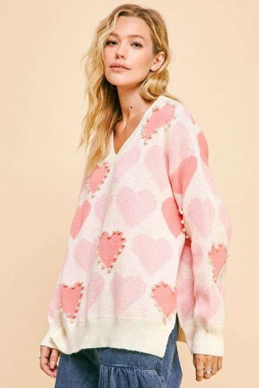 Davi & Dani Heart Pearl Side Slit V Neck Sweater、mySite、camillekostekn