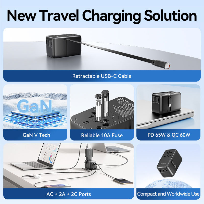 Vention 3-Port USB (C + A + A) GaN Universal Travel Adapter (65W/60W/5W) with Built-in USB-C Cable Black、mySite、fannypackpong