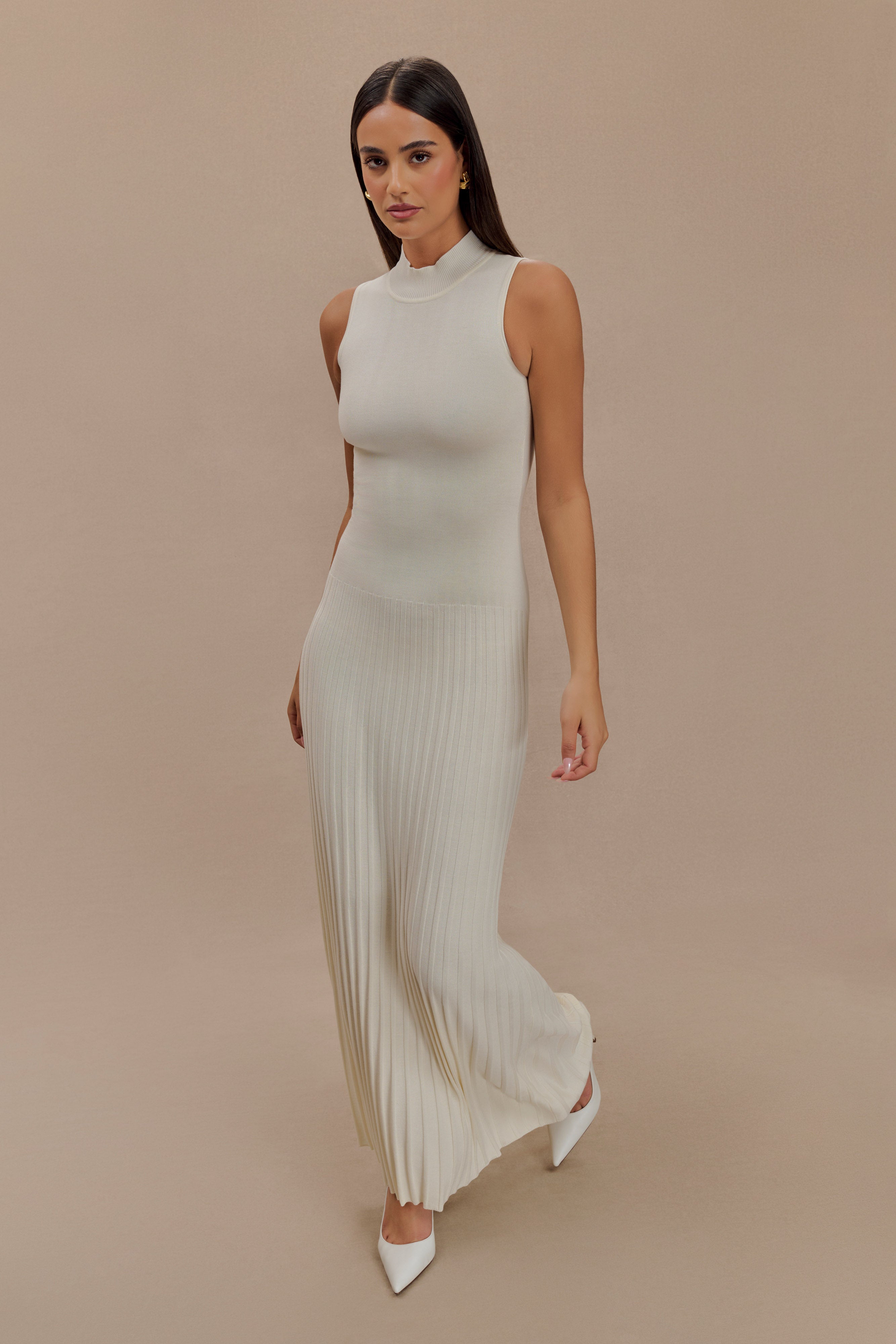 Mavis High Neck Pleated Maxi Dress - Ivory、mySite、solidvoid