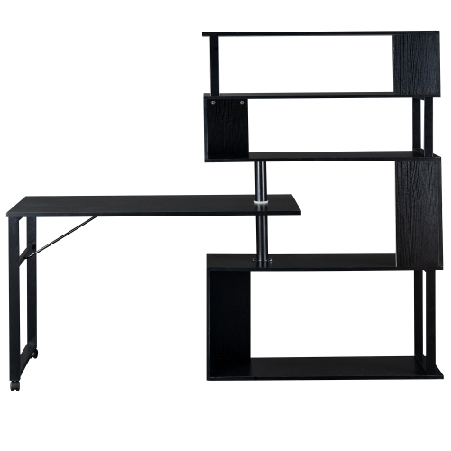 Home Office Computer Desk L-Shaped Corner Table, Rotating Computer Table with 5-Tier Bookshelf, Four Installation Methods, Lockable Casters (Black)、、casual