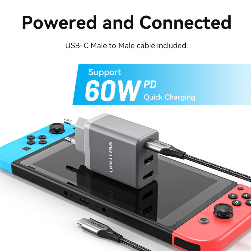 Vention 3-Port USB (C+A)+HDMI GaN Switch Dock (60W/5W/4K@60Hz) EU-Plug、mySite、fannypackpong