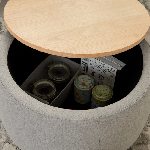 Round Storage Ottoman, 2 in 1 Function, Work as End table and Ottoman, Grey (25.5"x25.5"x14.5")、、casual