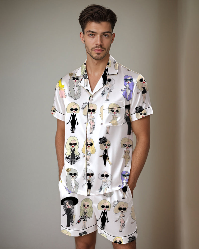 Men Cow Print Satin Pajama Set、mySite、bengalsvssteelers