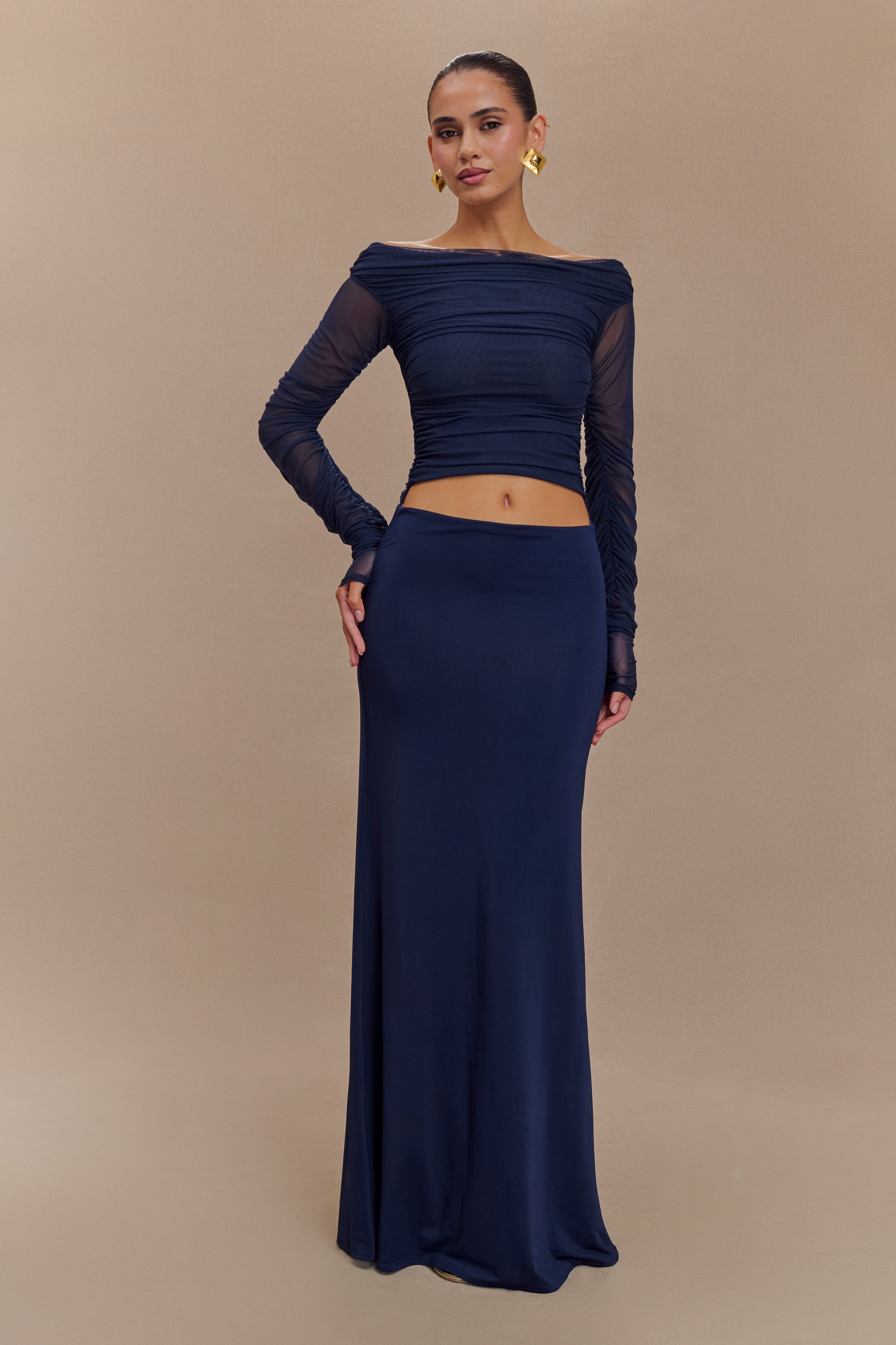 Darla Mesh And Slinky Off Shoulder Maxi Dress - Dark Navy、mySite、solidvoid