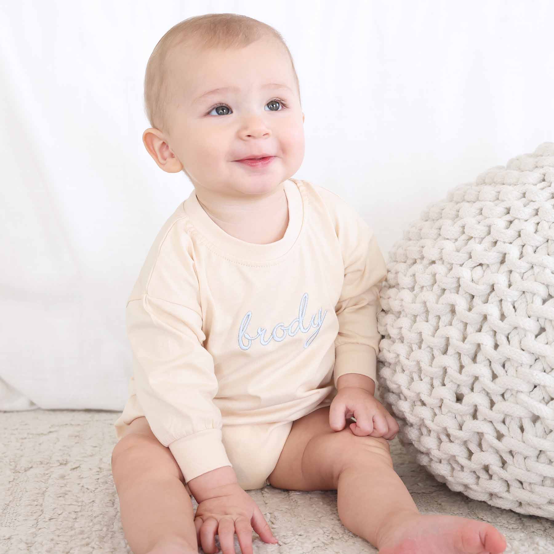  Personalized Script Name Long Sleeve Bubble Romper | Natural、mySite、layawaytickets