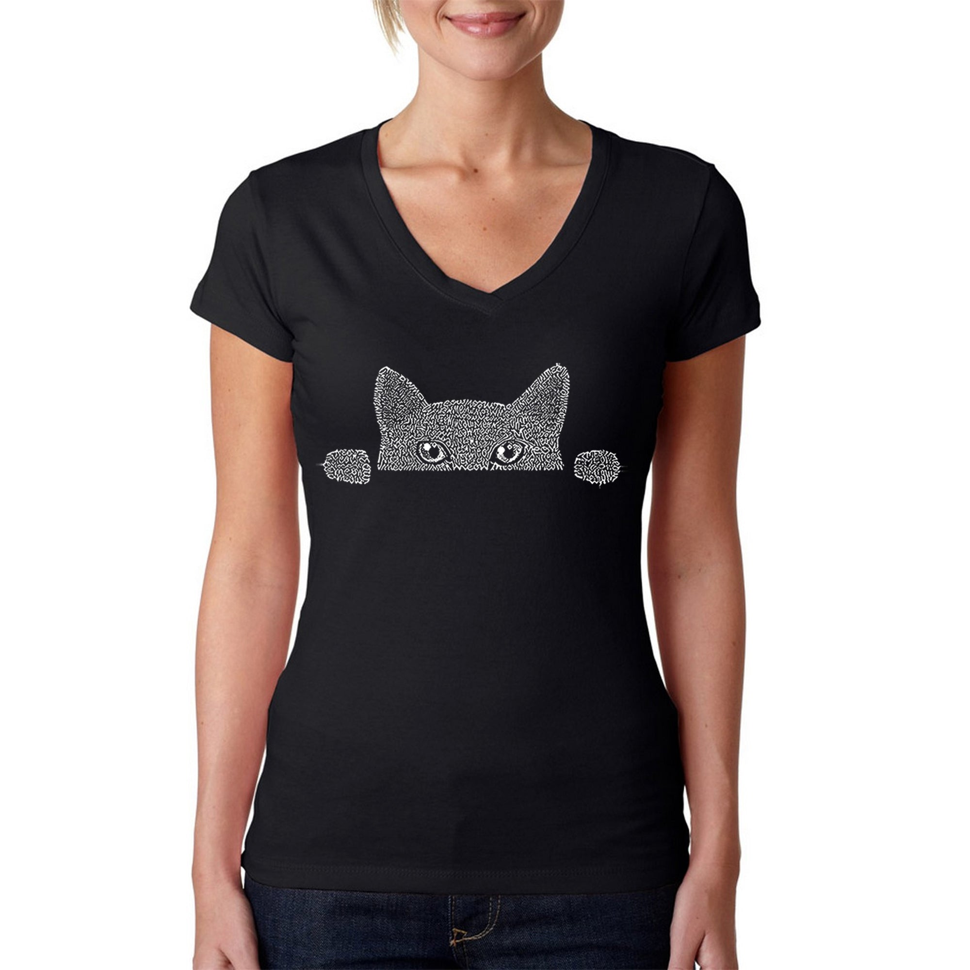 Peeking Cat - Women's Word Art V-Neck T-Shirt、mySite、camillekostekn