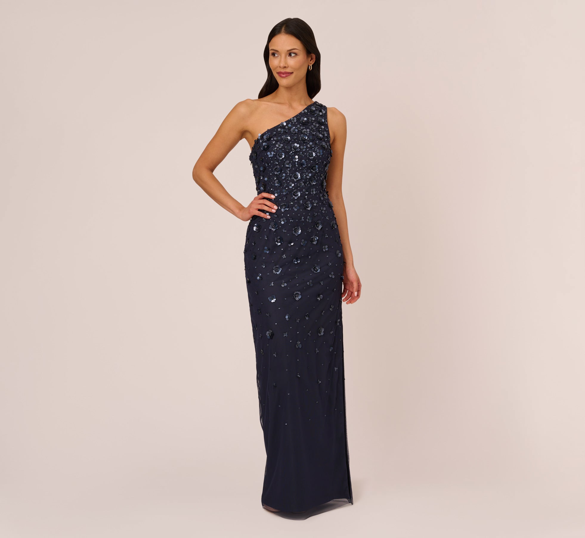 3D Floral Hand-Beaded One-Shoulder Long Column Gown In Dusty Navy、mySite、solidvoid