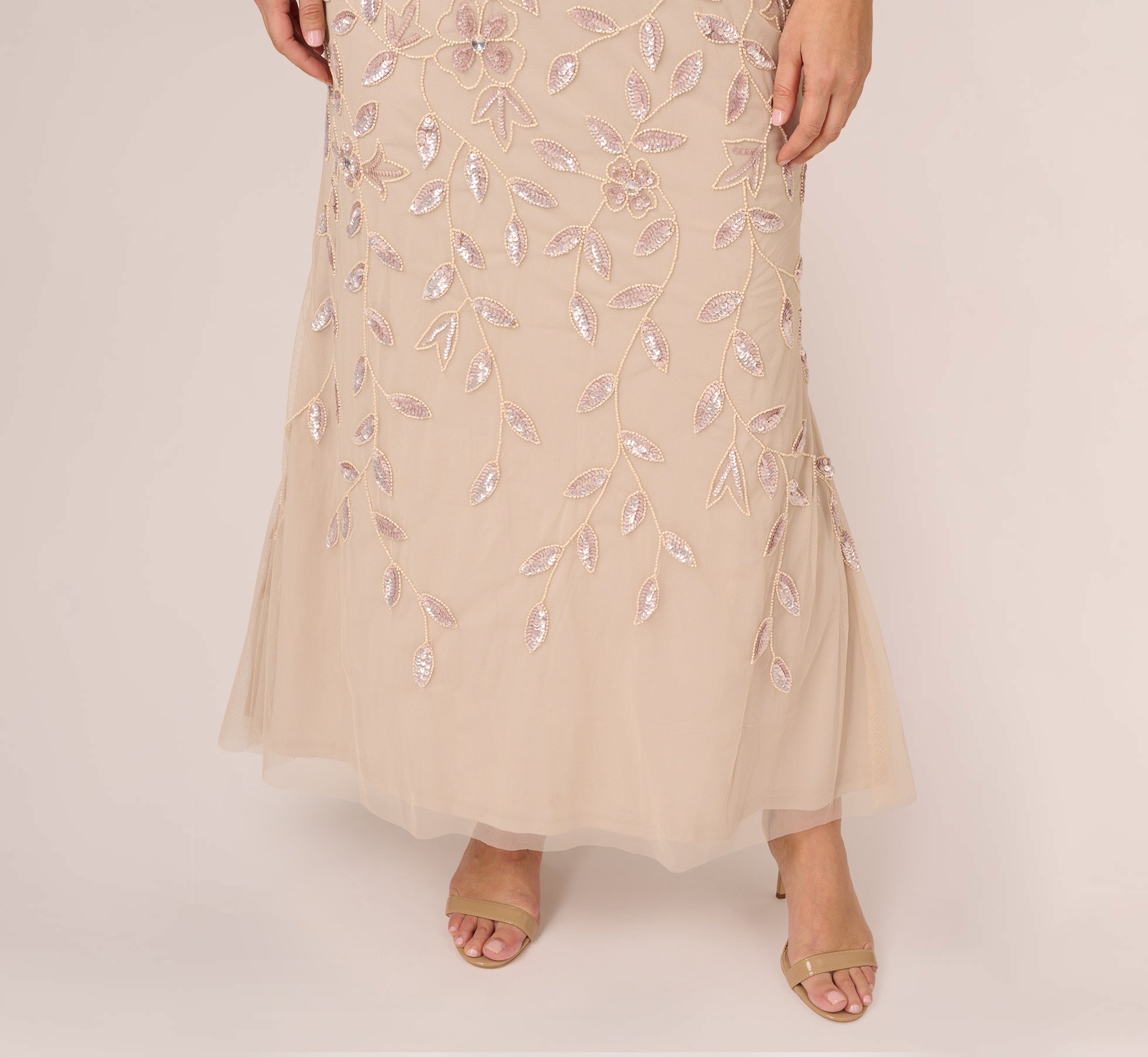 Plus Size Illusion Floral Beaded Gown With Sheer Long Sleeves In Latte、mySite、solidvoid