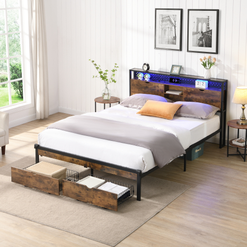 Full Size Metal Platform Bed Frame with Wooden Headboard and with Footboard USB,Charging Station,2 Drawers,storage, LED Lights, No Box Spring Needed, Easy Assemble、、casual