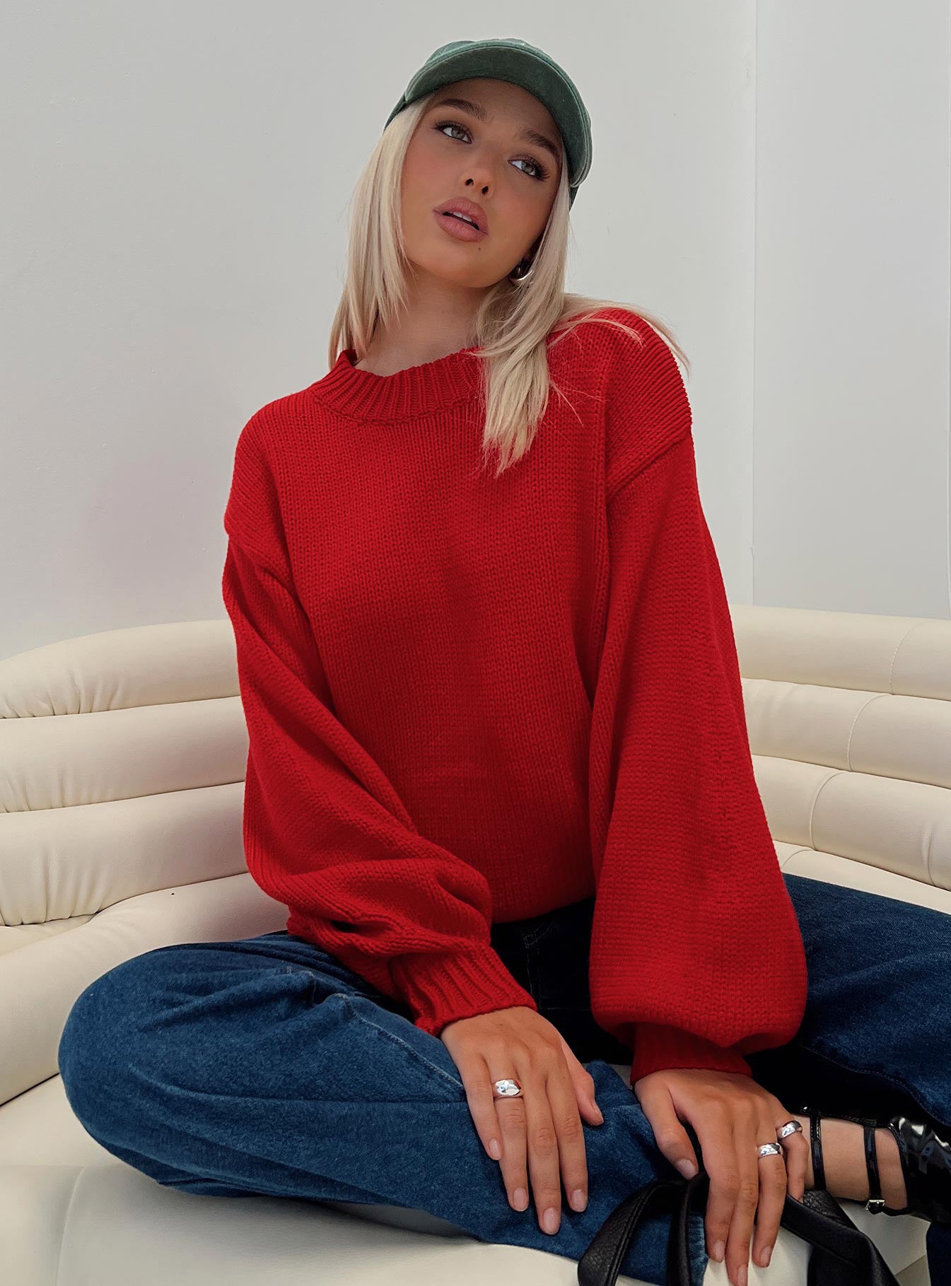 Harmony Balloon Sleeve Knit Sweater Red、mySite、solidvoid