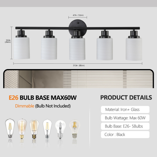 39" Modern 6-Light Vanity Bathroom Mirror Light, Frosted White Glass with Black Iron Frame, Contemporary Wall Sconce for Bedroom, Bathroom, and Dressing Room (No Bulbs)、、eastwooduniform