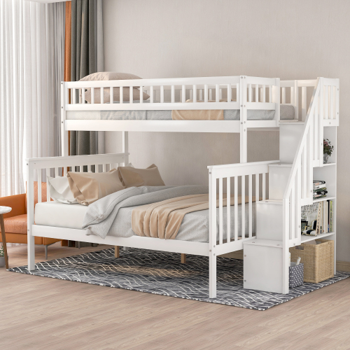 Twin over Full Stairway Bunk Bed with Storage, Gray、、casual