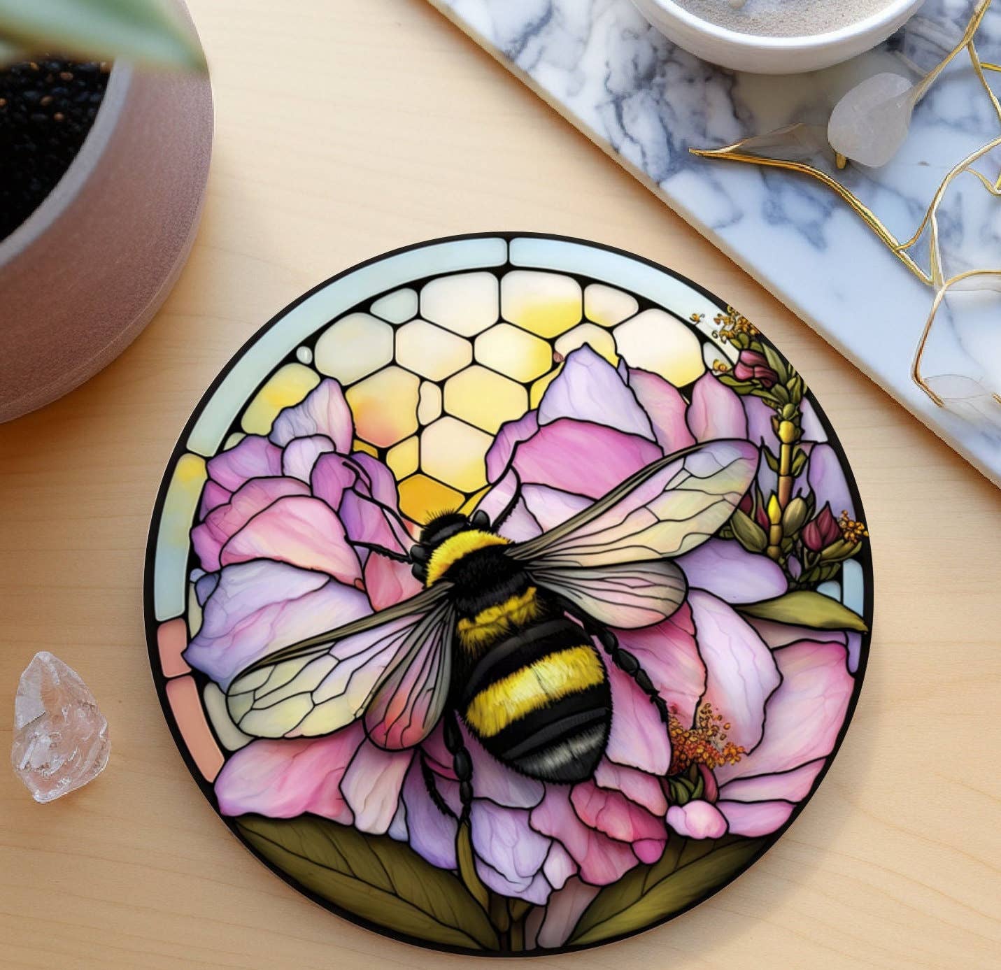 Bumble Bee Flower Stained Glass Ceramic Coasters、mySite、g9winljtr