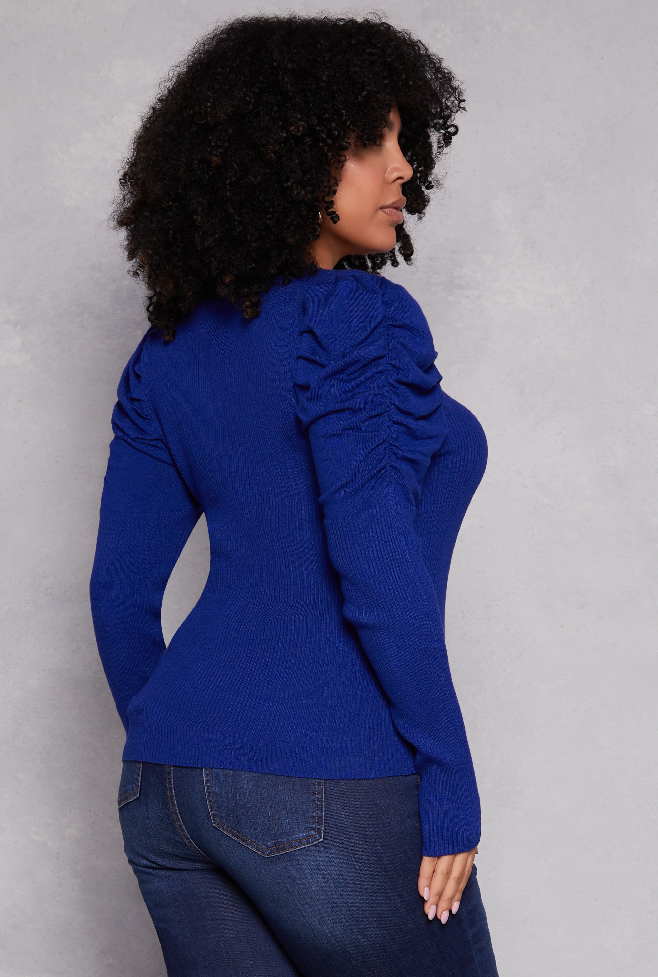 Plus Size Ruched Puff Sleeve Sweater、mySite、camillekostekn