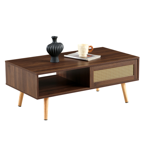 41.34" Rattan Coffee table, sliding door for storage, solid wood legs, Modern table for living room , natural、、casual
