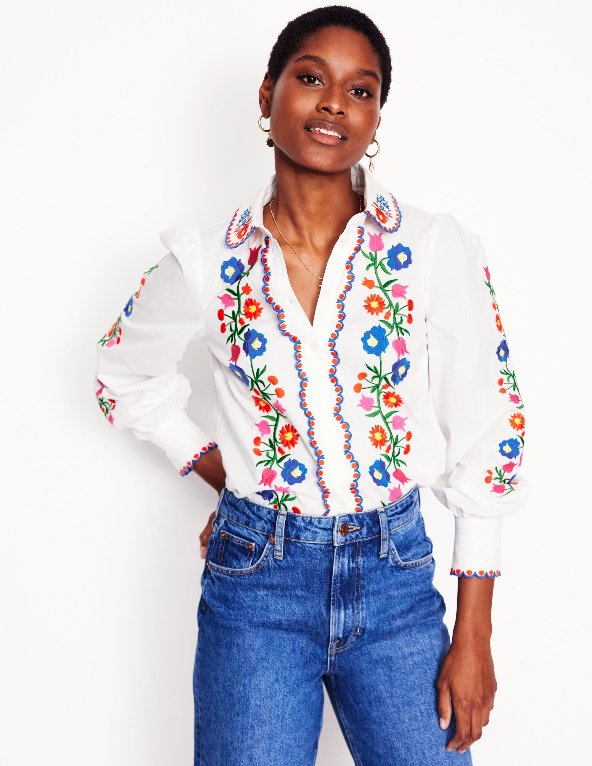  Embroidered Cotton Shirt-White, Floral Embroidery、mySite、ashleygrahame