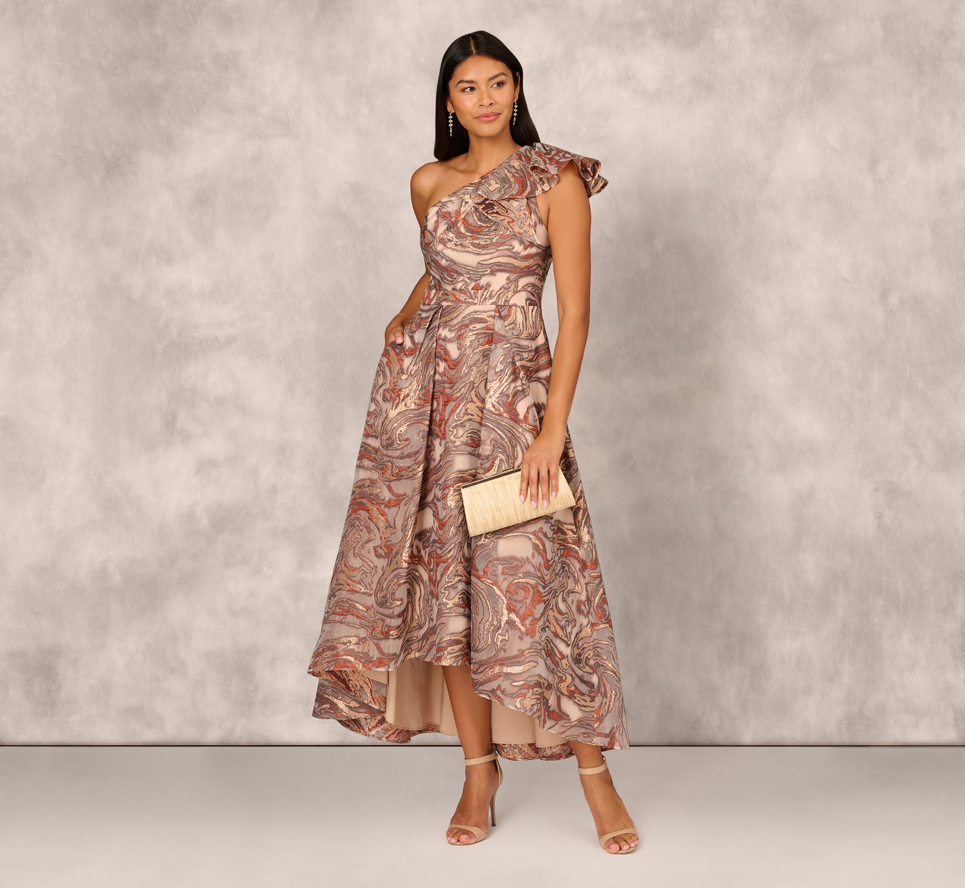 Clipped Jacquard High Low Gown With Ruffle One Shoulder Neck In Rust Multi、mySite、solidvoid