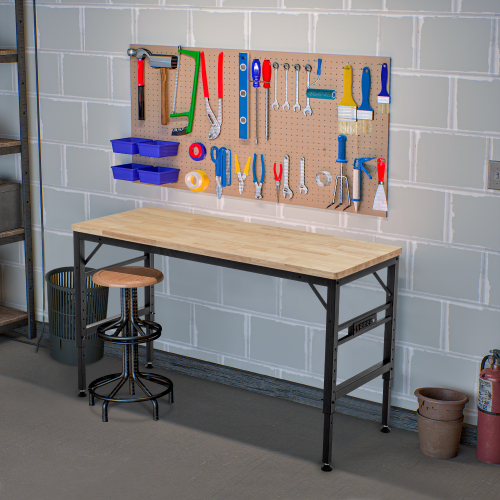 Adjustable Height Workbench, 60" Rubber Wood Top Heavy duty Workstation with Power Outlets, 2000 LBS Load Capacity Hardwood Worktable for Workshop, Garage, Office, Home, Commercial、、casual