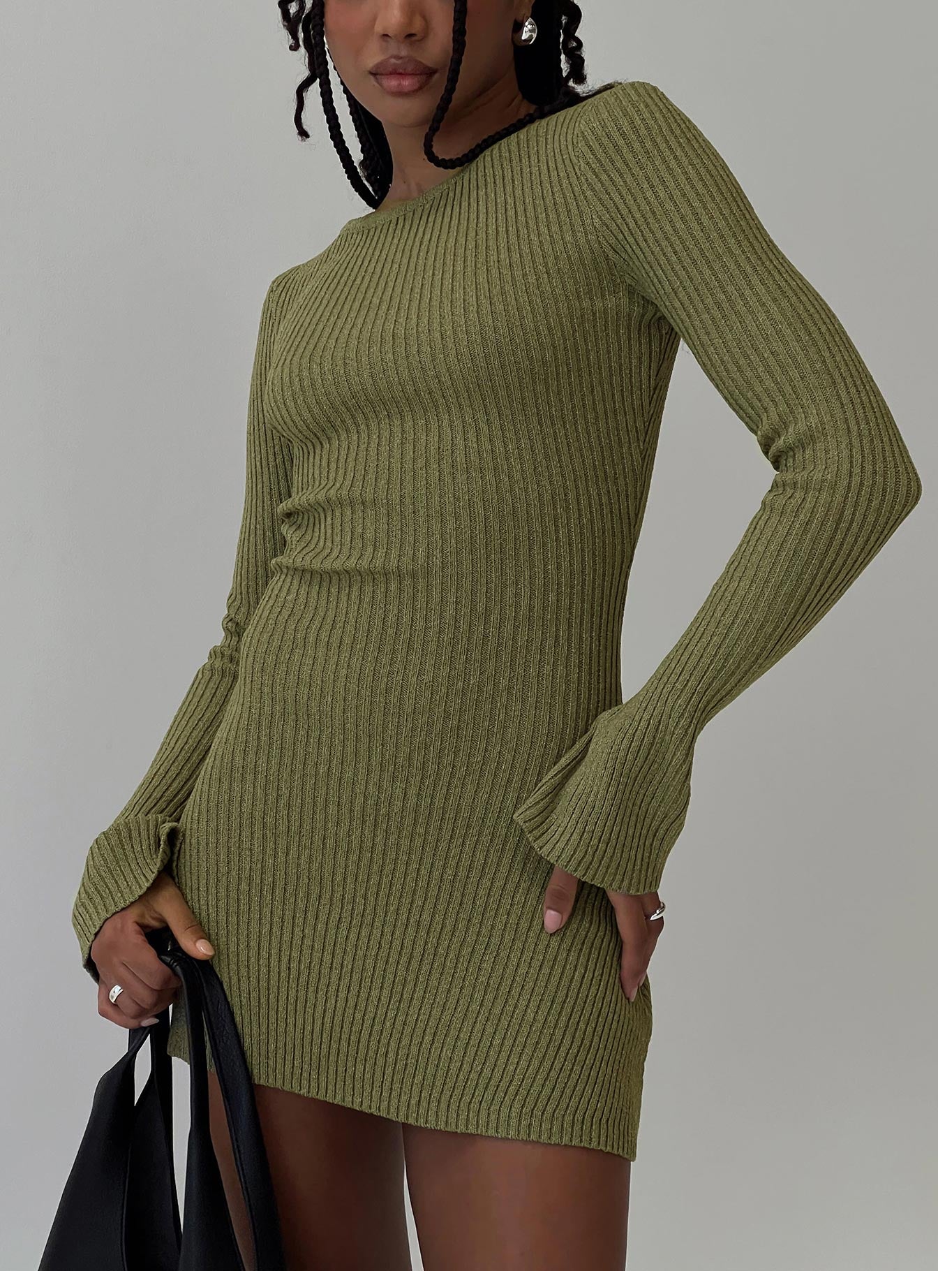 Osment Long Sleeve Knit Mini Dress Olive、mySite、solidvoid