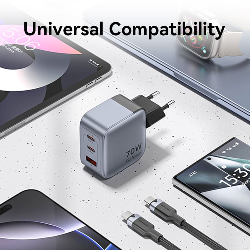 Vention 3-Port USB (C+C+A) GaN Charger (70W/70W/22.5W) Gray with USB-C to USB-C Cable (1M) Black EU-Plug、mySite、fannypackpong