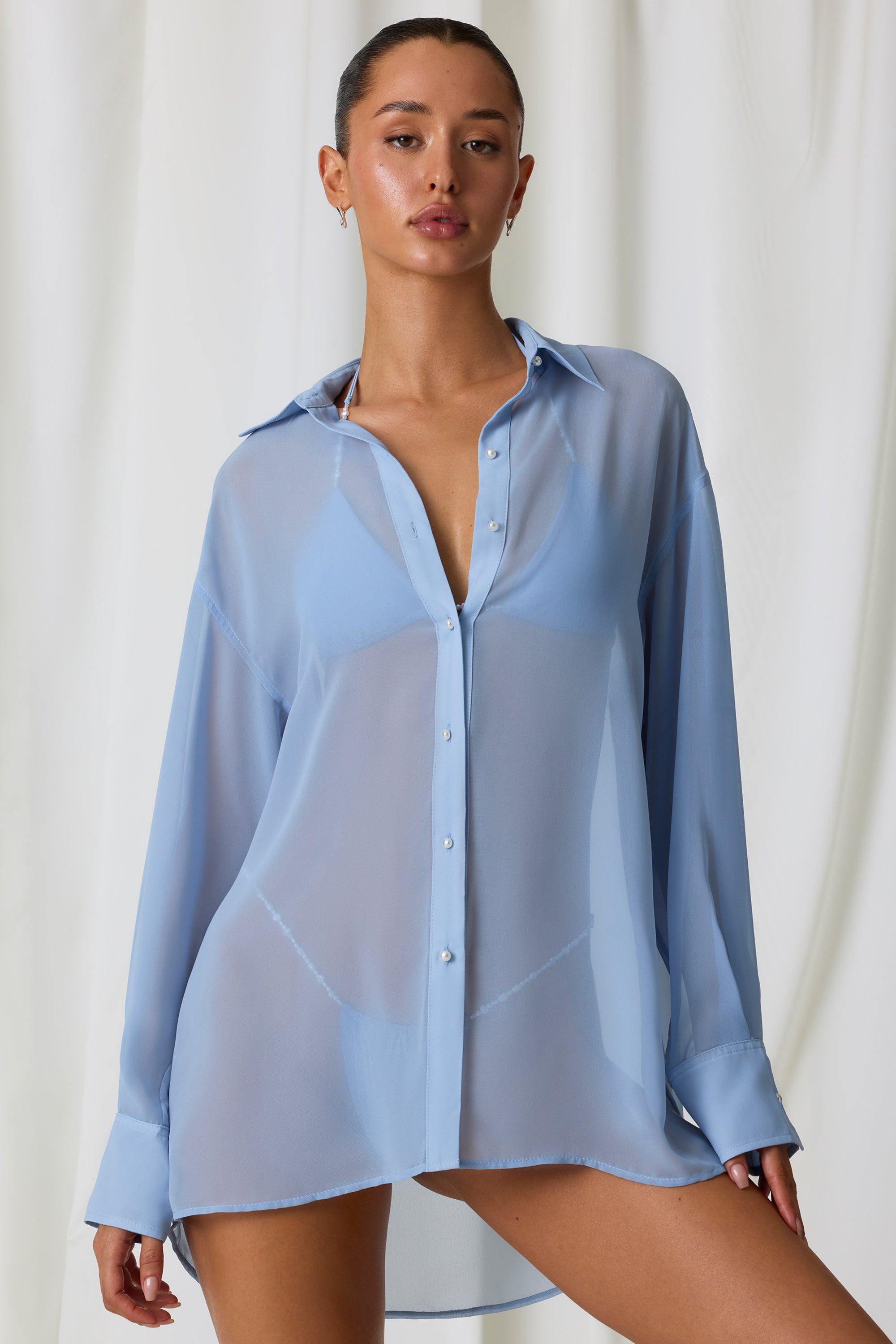Pearl-Detail Oversized Shirt in Sky Blue、mySite、solidvoid