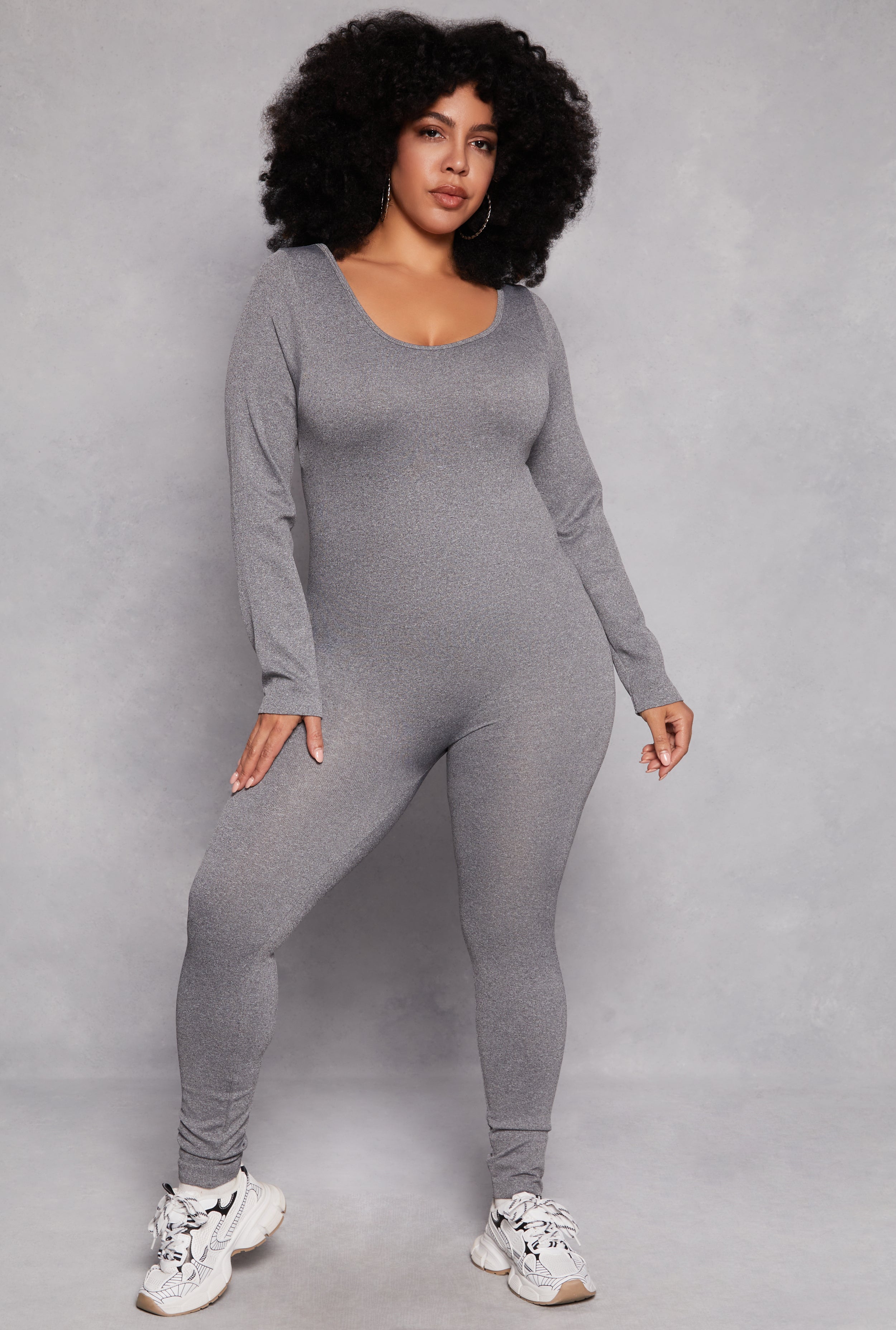 Plus Size Ribbed Knit Long Sleeve Catsuit、mySite、camillekostekn