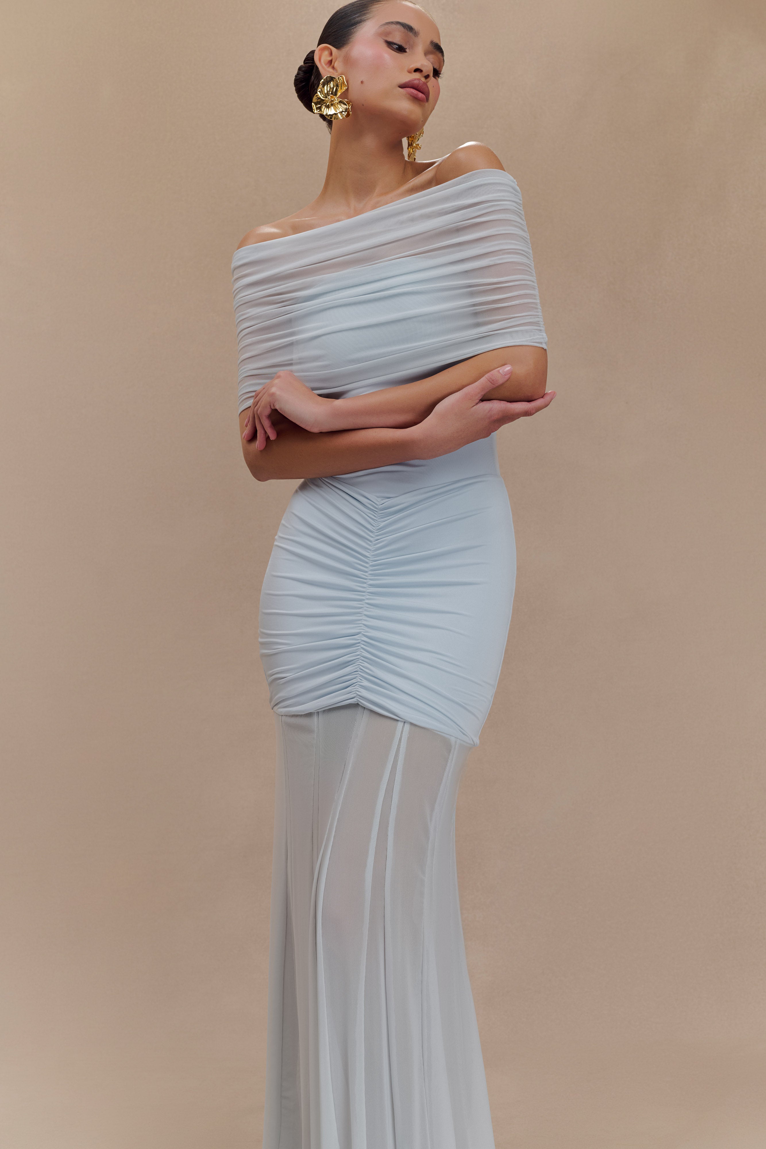 Caspian Slinky And Mesh Off Shoulder Maxi Dress - Pale Blue、mySite、solidvoid