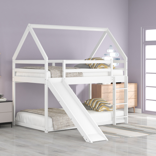 Twin Size Bunk House Bed with Slide and Ladder,Gray、、casual