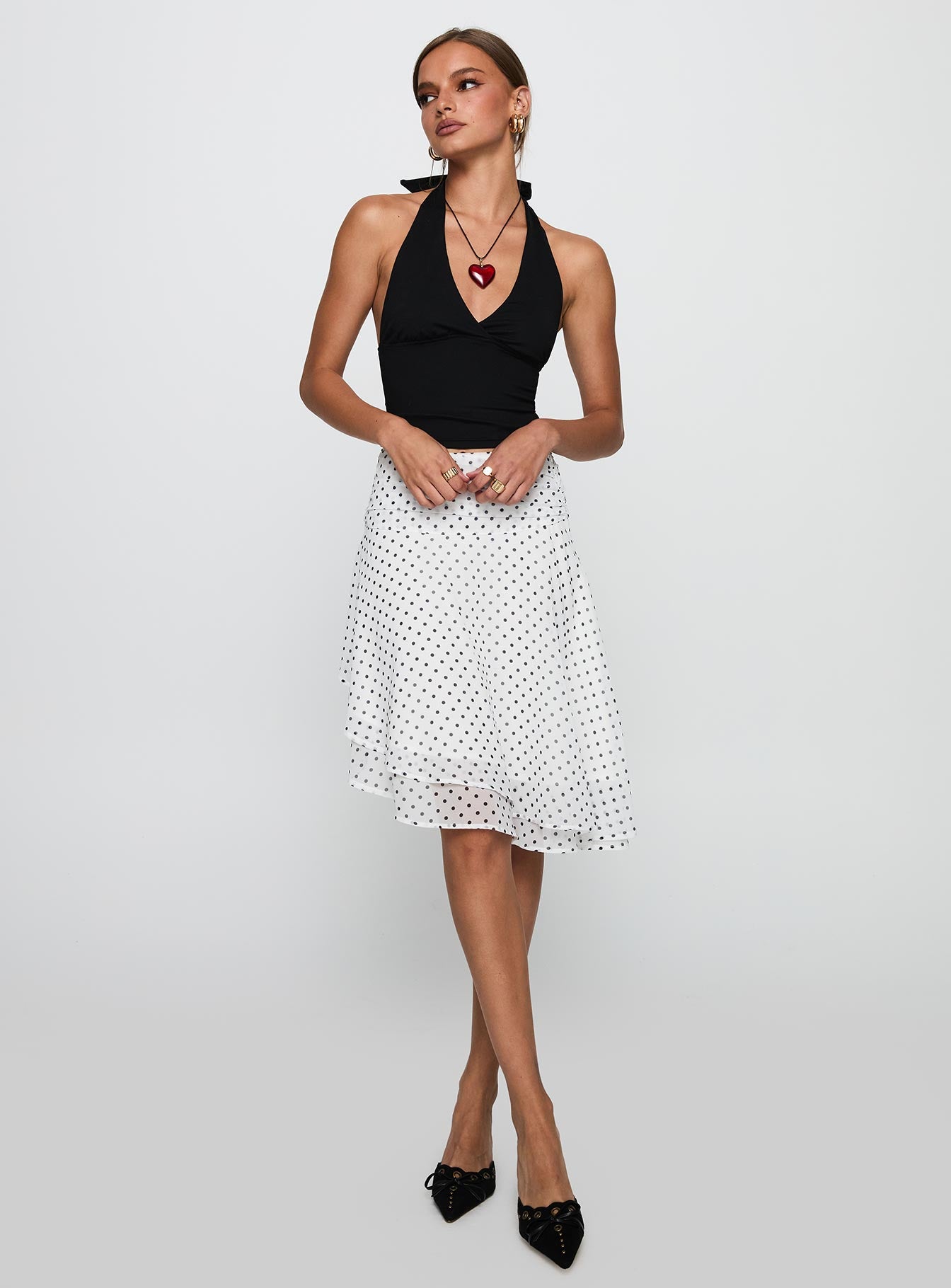 Evanescence Asymmetrical Midi Skirt White / Polka Dot、mySite、solidvoid