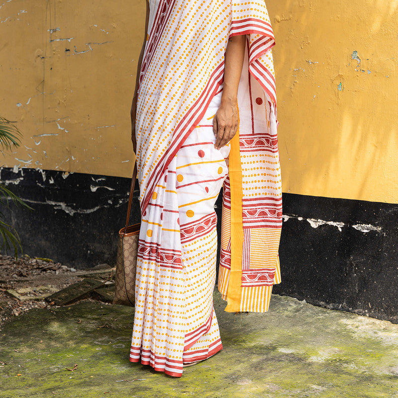 Cotton Saree | Hand Block Print | White & Yellow、mySite、camillekostekn