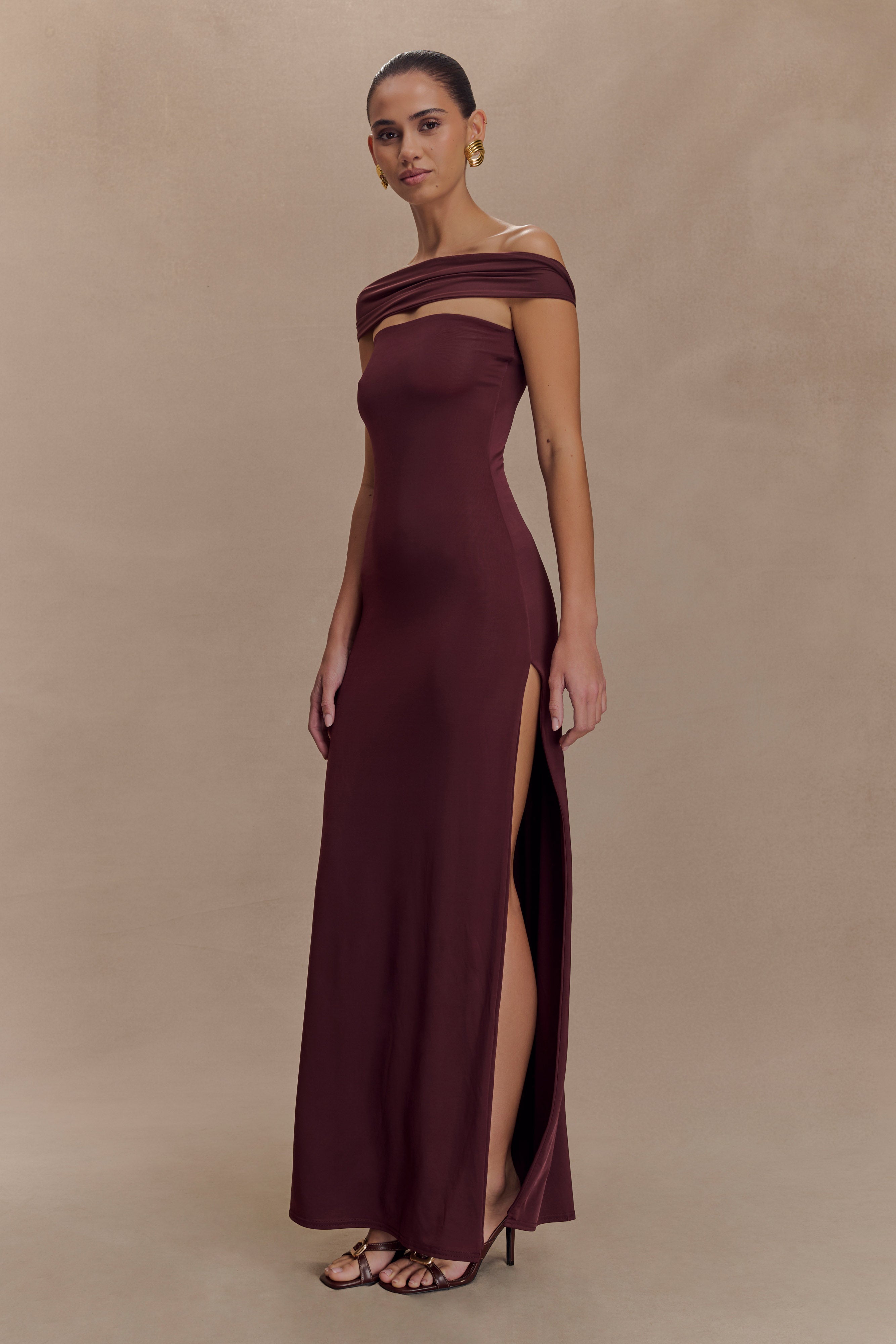 Aurora Slinky And Mesh Split Maxi Dress - Mahogany、mySite、solidvoid