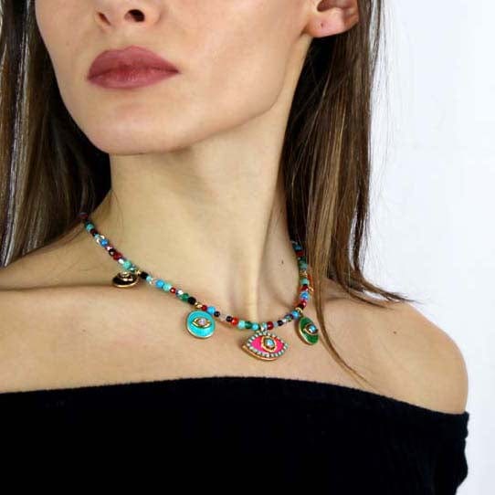 Evil Eye Charm Necklace on Beaded Chain by Michal Golan、mySite、topwebapps