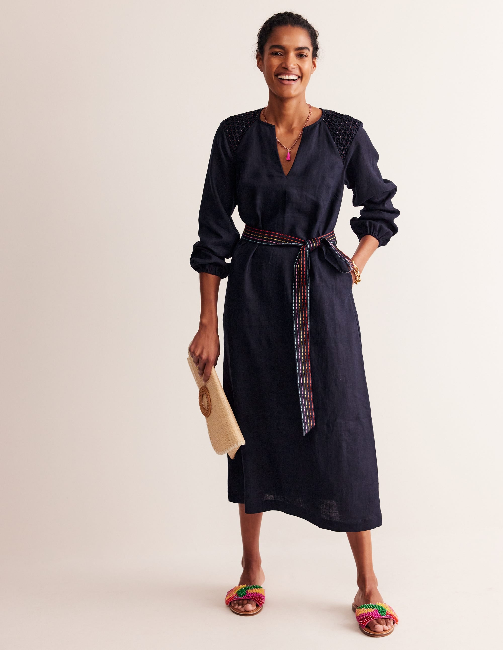  Linen Midi Smocked Dress-Navy、mySite、ashleygrahame