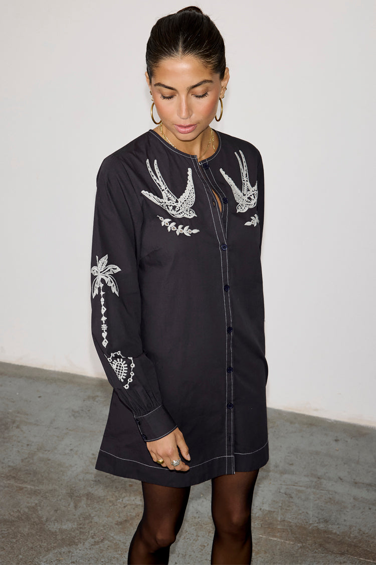Black Embroidered Swallow Romance Mini Dress、mySite、solidvoid