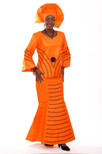 Orange African Brocade Top and Skirt Black Embroidery-DP3427DO、mySite、solidvoid
