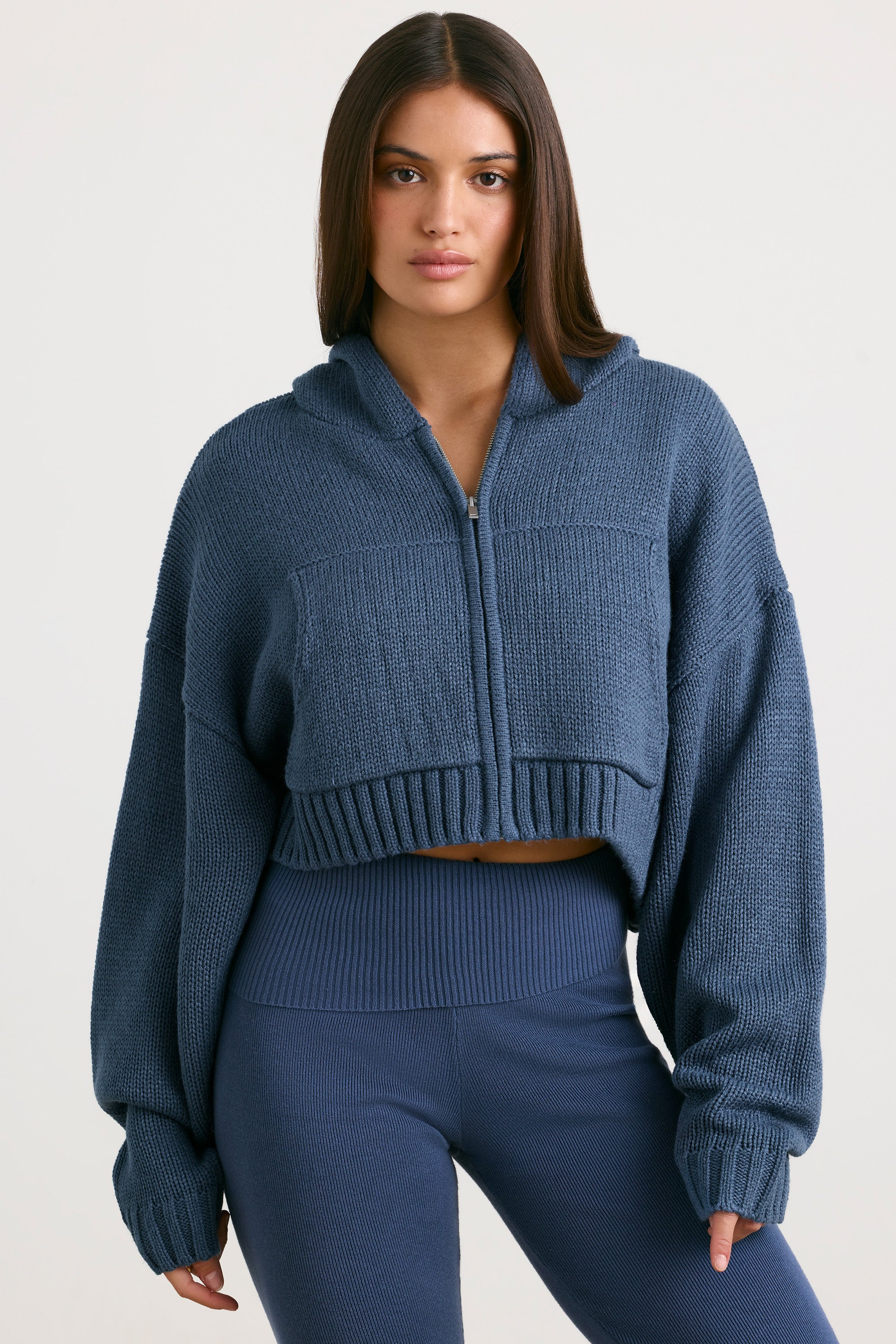 Cropped Zip Up Chunky Knit Hoodie in Washed Navy、mySite、solidvoid