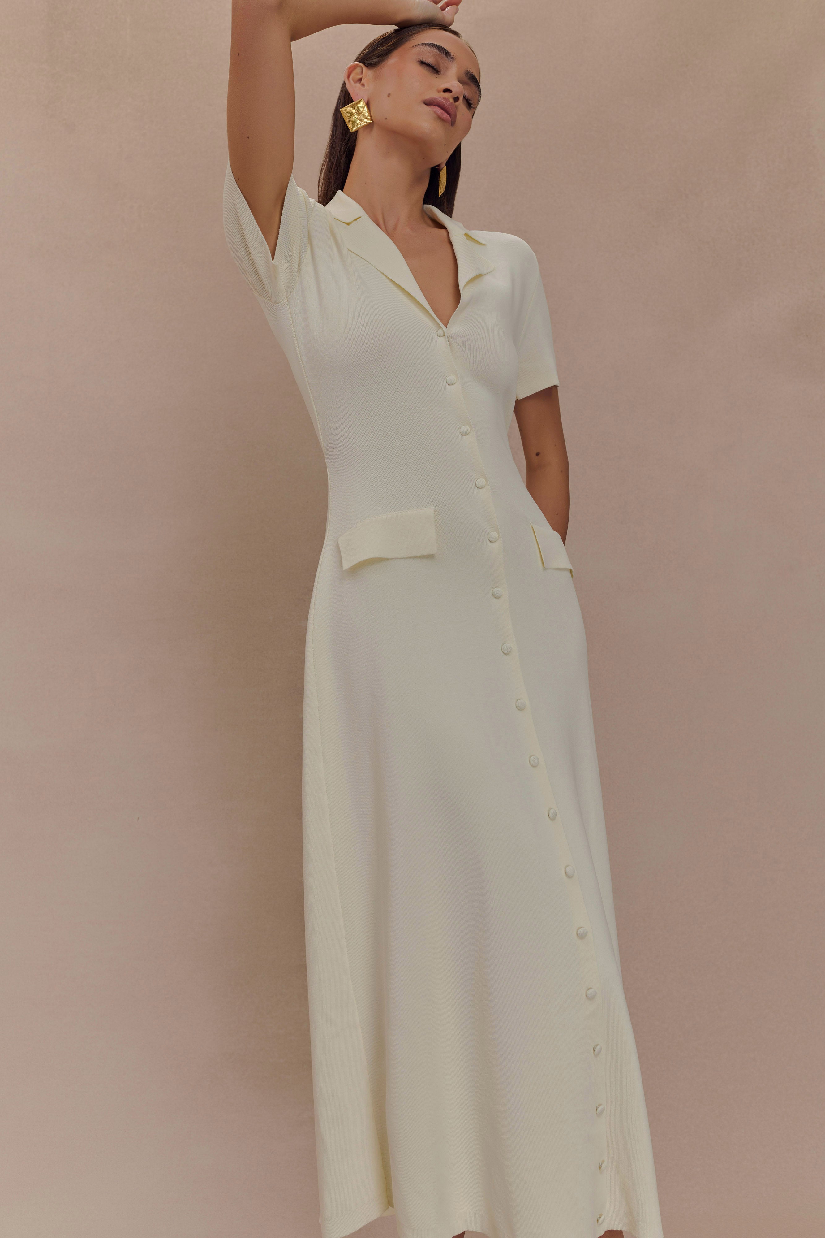 Pearson Short Sleeve Knit Midi Dress - Ivory、mySite、solidvoid