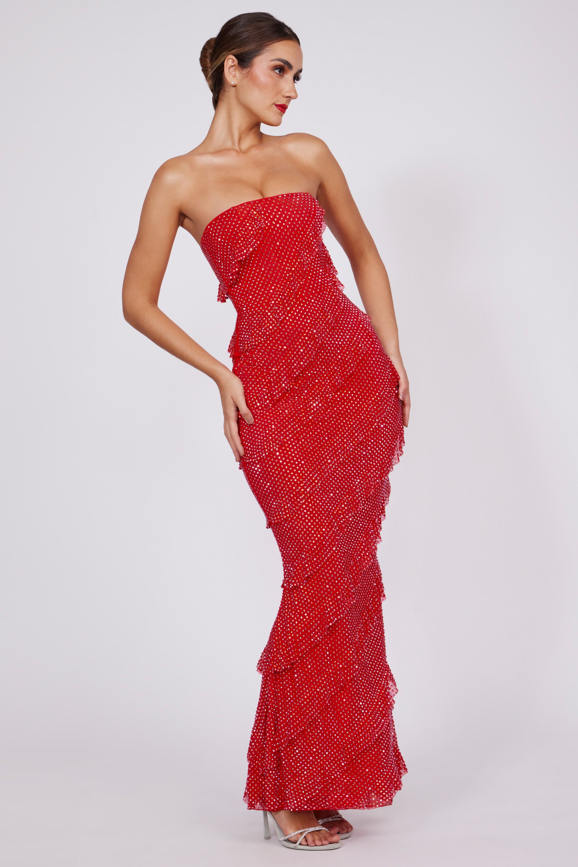Embellished Strapless Ruffle Maxi Dress in Fire Red、mySite、solidvoid