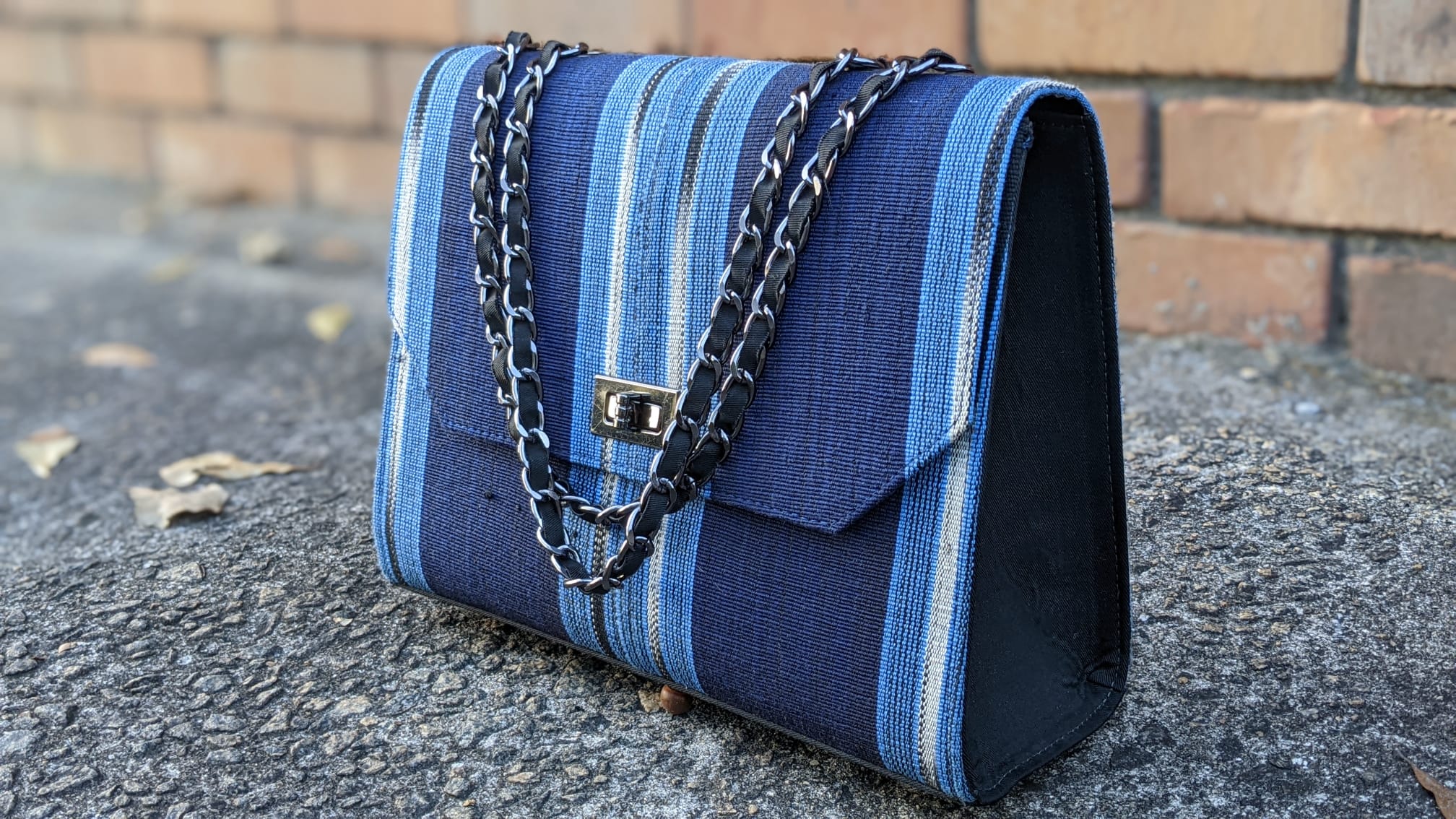 Illori Handmade Blue and Silver Striped African Handwoven Aso Oke Hand Bag-DPAHB23、mySite、solidvoid