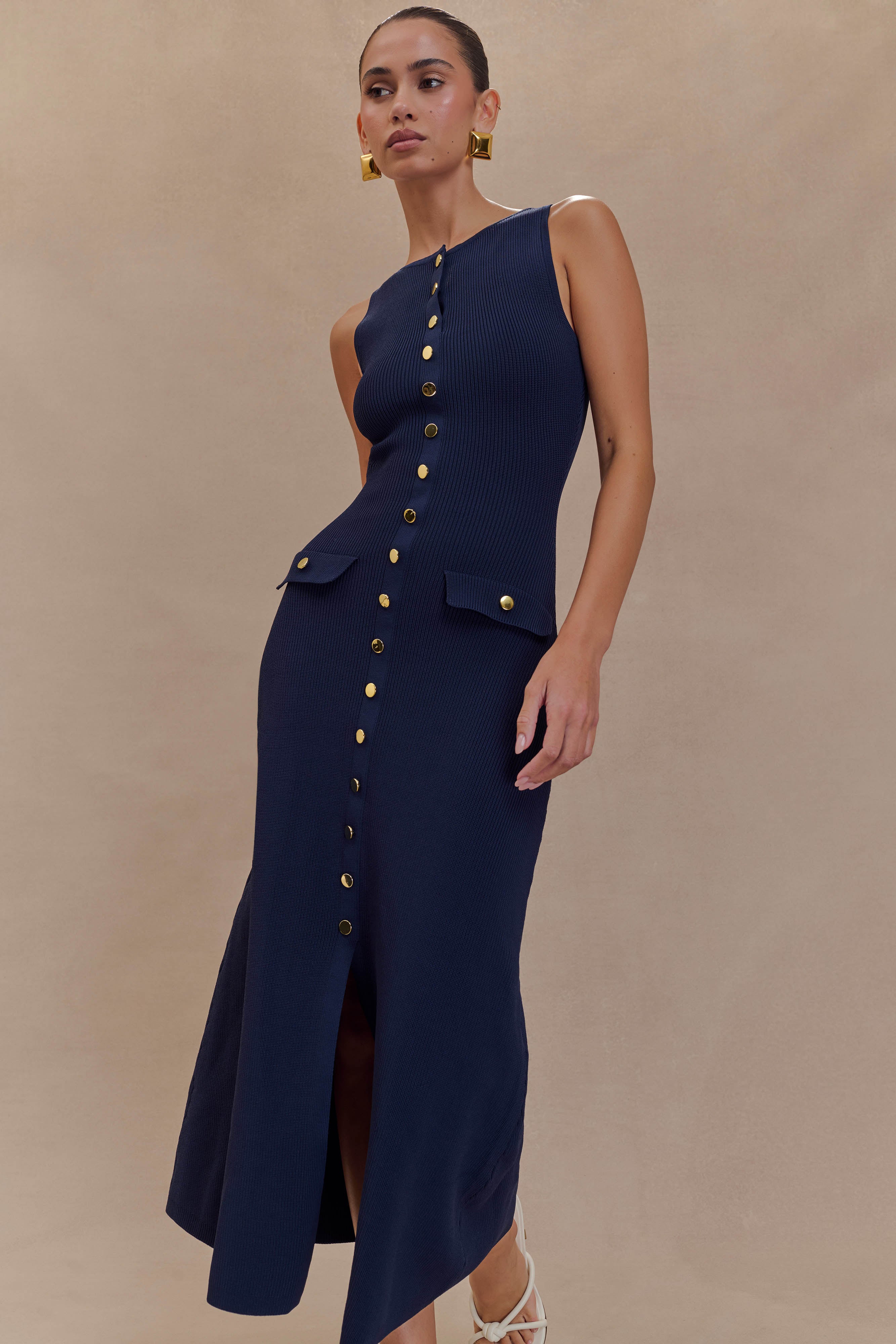 Sawyer Sleeveless Buttoned Maxi Dress - Navy、mySite、solidvoid