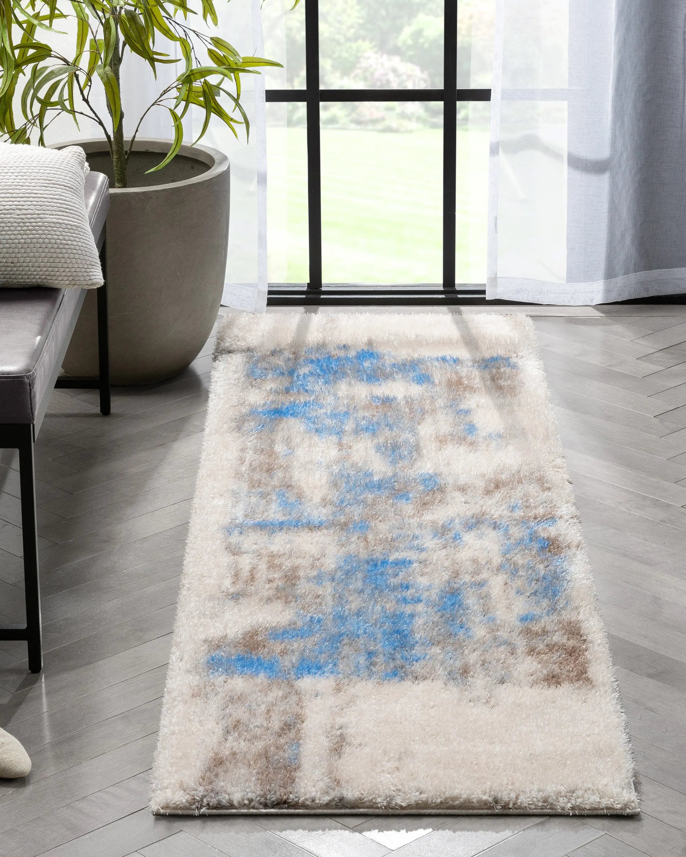 Sariah Modern Abstract Ivory Blue Shag Rug、mySite、gigharbornorthrealestate